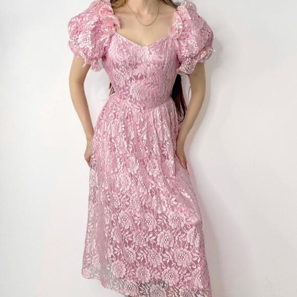 Vintage 70s 80s Pink Puff Sleeve Midi Dress Princess Union Made Coquette XXS - Picture 1 of 8